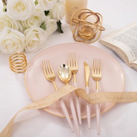 I00000 300 Pack Gold Plastic Silverware with Pink Handle, Pink Plastic Silverware Set, Pink Kitchen Utensils- 100 Forks, 100 Knives, 100 Spoons Plastic Cutlery for Brithday,Wedding & Party