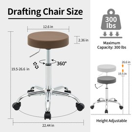 FIRAVOE Adjustable Office Stool with Wheels 19.5’’-26.6’’, Brown Thick Cushion Backless Rolling Chair (Coffee Brown)