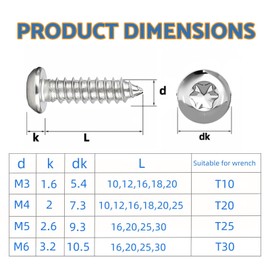 HAISHANG 50 Pcs Stainless Steel Screws M3x10mm, Torx Pan Head Self Tapping Security Anti-theft Round Head Sheet Metal Fasteners Self Drilling Screws