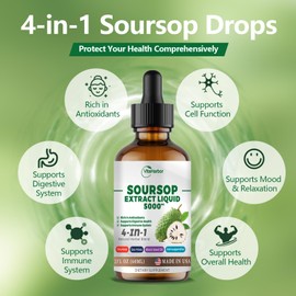 4-in-1 Soursop Bitters Liquid, Soursop Oil with Sea Moss & Black Seed Oil & Ashwagandha, for Immune & Digestive & Cell Support, Sugar-Free | Non-GMO | Vegan (2 Fl oz) Slightly Sweet Flavor