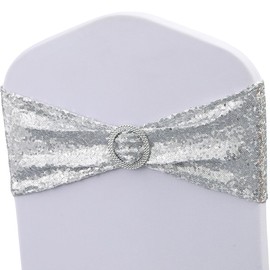 JKDMJF Pack of 50 All Around Silver Sequin Chair Sashes for Wedding Celebration Decor, Sequins Chairs Bands with Buckles for Party Baby Shower Decorations, Glitter Silver Chair Sash Bows