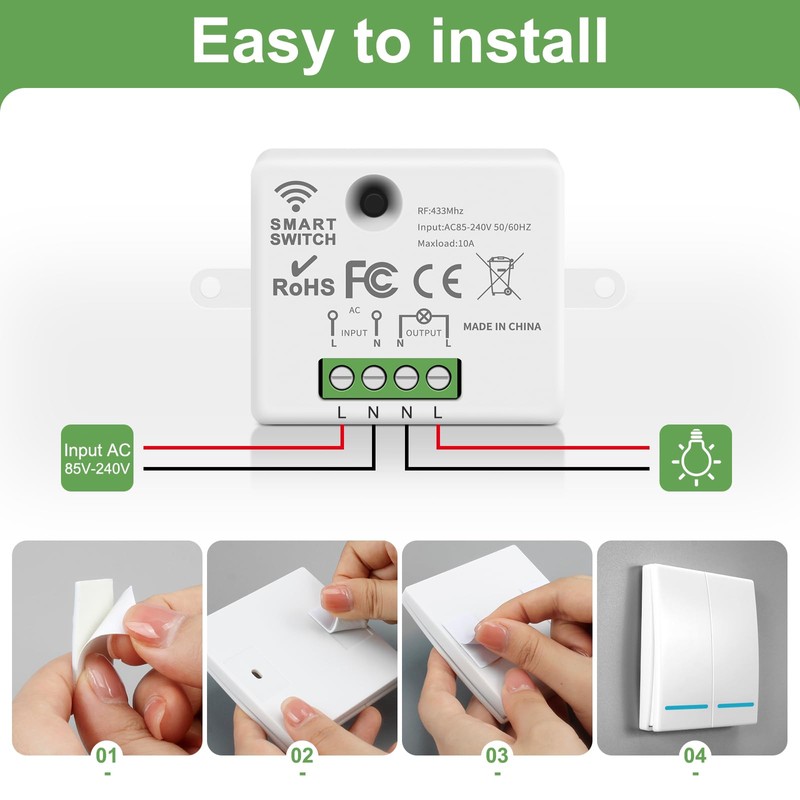 RGBZONE Wireless Remote Light Switch and Receiver Kit, No Wiring,