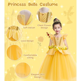 YYDSXK Princess Dress Girls, Belle Costume Girls with Crown Wand Necklaces Set, Fancy Dress Costumes Children Belle Princess Costume Girls for Carnival Cosplay Birthday Party