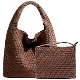 JINMANXUE Woven Purse for Women, Neoprene Top-handle Shoulder Bag, Hobo Tote, Travel Handbag, Wrist Bag For Work Shopping (Coffee)