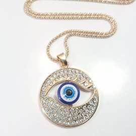 Fashion Jewelry N0228 Gold Tone Based Rhinestones Evil Eye Design Circle Pendant Long Necklace