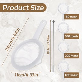 Hocadrv Pack of 4 Strainer Filter 80/100/200/400 Mesh Fine Sieve Kitchen Small Strainer with Handles Nylon Sieve with a Stirrer Strainer Fine for Filtering Juice Milk Soy Milk Coffee Wine