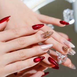 Sun&Beam Nails Handmade Nail Tip, Long, Almond, Red, Brown, Brown, False Nails, Stone, Simple, 0 Design, Stylish, Set of 10 (#214 L)