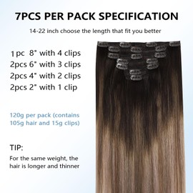 COOKAYU Clip in Hair Extensions Balayage Clip on Hair Extensions Human Hair Dark Brown Fading to Chestnut Brown and Ash Blonde 14inch 7pcs 120g Hair Extension Clips for Women（#2/6/18-14inch）