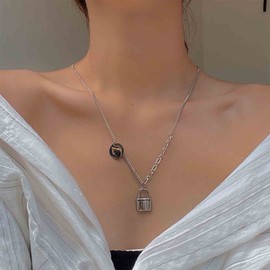 Yheakne Punk Lock Pendant Necklace Silver Disc Coin Choker Necklace Paper Clip Chain Necklace Minimalist Padlock Necklace Chain Jewellery for Women and Girls, Metal