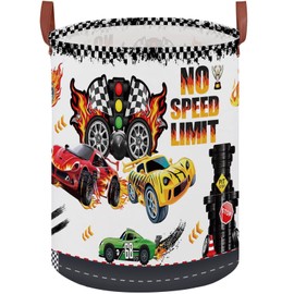 Race Car Round Waterproof laundry basket,Fire Decor for Boys Room,Kids Toy Box Storage,Sports Nursery Hamper,Foldable Fabric Basket,Clothes or Plush Toy Gift Basket