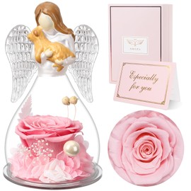 Sunia Memorial Dog Gift - Glass Angel & Dog Figurine with Real Preserved Rose, Sympathy Gifts for,Mothers Day Christmas Birthday Gift for Women Mom (Pink)