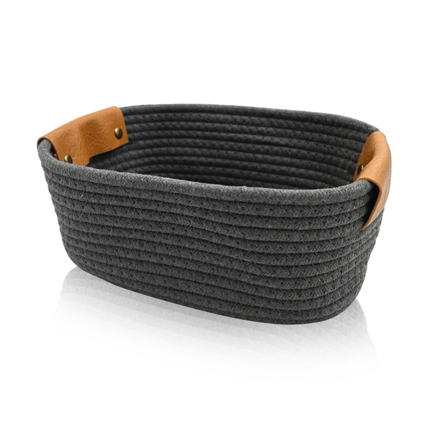 Small Woven Basket with PU Leather Handle, Cute Cotton Rope