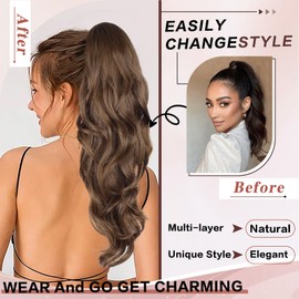 CHRSHN Ponytail Extension, Drawstring Ponytail Extension for Women 26 Inch Long Wavy Light Brown Pony Tails Hair Extensions Synthetic Clip in Ponytail Hairpiece for Women