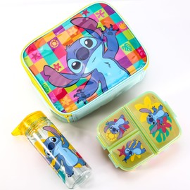 Zawadi Global Stitch Kids Childrens Lunch Box Set – Insulated Lunch Bag, Multicompartment Lunch Box & 580ml Water Bottle - School Travel Lunch Food Set, BPA Free