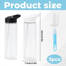 2 Pcs Clear Water Bottle With Straw and Flip-Top Lid, Plastic Water Bottle 750ml, Includes Blue Cup Brush, Leakproof Design for Gym Sports Gift for Students and Friends