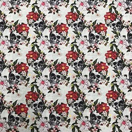 Kt KILOtela Patchwork Fabric, Digital Print, 100% Cotton, 140 cm Width, Choice of Length 50 in 50 cm, Skull and Flowers - Red, Black