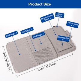 Car Visor Organiser, 31 x 15.5 cm, Car Sun Visor Organiser, Car Interior Leather Sun Visor Organiser for Sunglasses Holder Card Holder Multifunctional Storage Bag