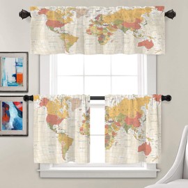 Batmerry Vintage World Map Kitchen Valances Half Window Curtain, Vintage Map of North and South America Kitchen Valances for Windows Heat Insulated Valance for Decor Reducing The Light 52x18 Inch