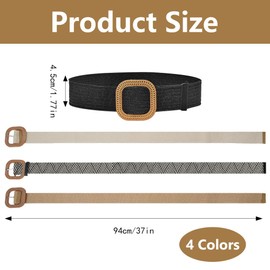 HMIEPRS Pack of 4 Straw Woven Belt with Buckle, Braided Straw Belt, Elastic Waist Belt, Women's Braided Boho Vintage Braided Belt, Stretch Bohemian Waist Belt, Black, beige, camel, stripes