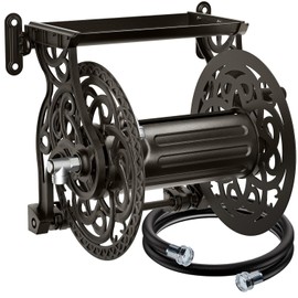 Metal Decorative Garden Hose Reel, Heavy Duty Hose Holder for Outside, Aluminum Frame, No-Leak Aluminum Water System, Easy Assmbly, Wall Mount, Holds 135 ft x 5/8" Hose Storage, Dark Bronze