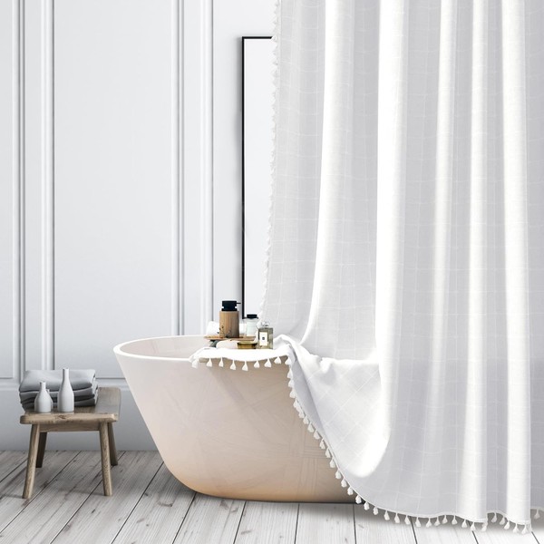 ggaimwf Farmhouse White Long Shower Curtain - Boho Modern Linen