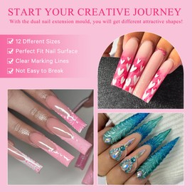 BOMOQING Nail Dual Forms for Poly Gel Set, 144Pcs Nail Mold Extension Forms, Full Cover False Nail Tips, 12 Styles 12 Sizes Duet System with 10pcs Nail Clips Nail Brush Nail Files Cuticle Trimmer