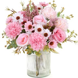 Dremisland Artificial Flowers Like Real Artificial Bouquet 2 Packs Silk Artificial Roses Bouquet with Daisy Chrysanthemum Pink Flowers for Centerpiece Table Wedding Party Home Decor