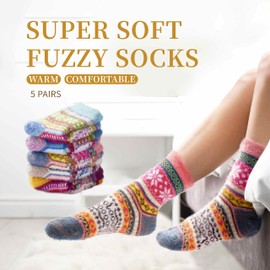 ICEIVY 5 Pairs Fuzzy Cozy Socks for Womens Warm Wool Slipper Soft Bed Ladies Thermal Socks for Winter with Beautiful Gift Box
