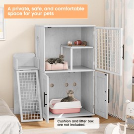 GAOMON Cat Litter Box Enclosure with Platform, Double Layer Cat Litter Hidden Furniture, Hidden Cat Litter Box Enclosure, Modern Villa Cat Cabinet with Ladder, Cat Washroom Indoor, Cat House, White