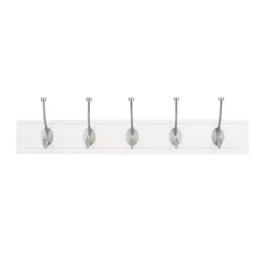 Wall Mounted Hook Rack 27" White Wood Rail with 5 Satin Nickel Hooks for Coat Hat Robe Storage Organizer for Entryway Closet Bathroom Office