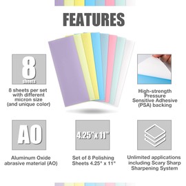 Lapping Microfinishing Film with PSA - Set of 8 Polishing Sheets 4.25’’ x 11’’ for Scary Sharp Sharpening System - AO Aluminum Oxide with Pressure Sensitive Adhesive
