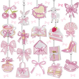 Aurelema 20 Pieces Coquette Diamond Painting Ornaments 5d DIY Painting Keychain Kit Pink Bow Diamond Art Kits for Women Crafts Party Decor (Coquette)