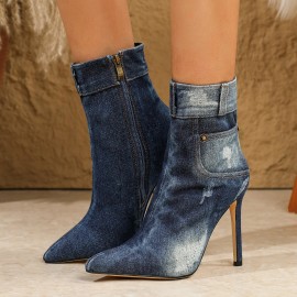 Autumn and Winter New Women's Short Boots Pointed Side Zipper Stiletto High Heel Western Cowboy Boots Elegant Fashion BootsColor: Blue, EUR Size: 38