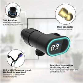 Hibbent Upgraded Metal Shower Head Holder with LED Display Shower Thermometer, Adjustable Shower Arm Mount for Handheld Shower Head, Universal Shower Head Bracket, Solid Brass Pivot Ball, Matte Black