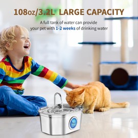 APAUK Cat Fountain for Drinking, 3.2L Cat Water Fountain Stainless Steel, Automatic cat fountain Bowl,Quiet pet Water Dispenser with Water Level Window - 2 Pack Filters &Sponge S