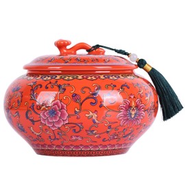 Decorative Ceramic Enamel Ginger Jar for Home Decor - Blue and White Porcelain Storage Jar, Chinoiserie Flower Vase, Multi-Purpose Decorative Container (Orange)