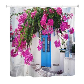 goodbath Extra Long Shower Curtain, Traditional Greek House Fowers 3D Anti Mould Waterproof Bath Curtains for Bathroom, 180x240cm,Blue White