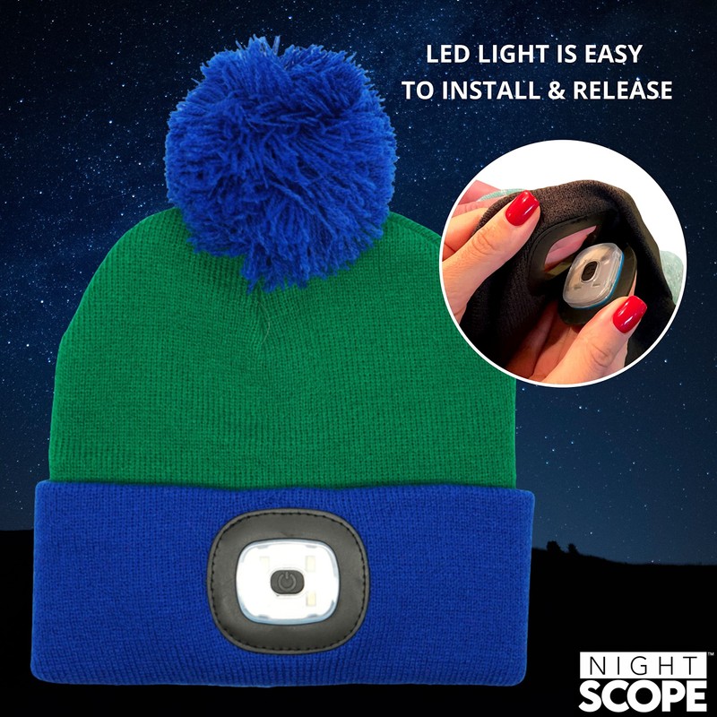 Night Scope Kids LED Rechargeable Knit Beanie Head Lamp Pom
