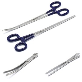 OdontoMed2011 Set of 2 Assorted Color PVC Grip Handle German Grade Stainless Straight & Curved Hemostat Forceps Pliers Full Serrated 8" (Navy Blue Grip) ODM