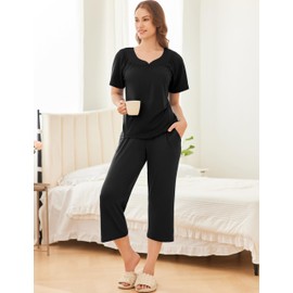 Ekouaer Capri Pajamas Short Sleeve Mumu Pjs Sets 2 Pieces Pleated Top and Capri Pants Sleepwear Loungewear for Women Black Large