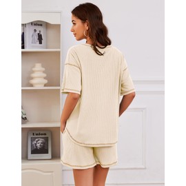 Becotal Pajama Sets for Women Waffle Knit 2 Piece Short Set Loungewear Matching Lounge Set Short Sleeve Top and Shorts Summer 2024 Beige XL