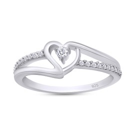 Bypass Heart Promise Ring for Women 1/10 Carat Round Cut White Natural Diamond Ring in 14K White Gold Plated 925 Sterling Silver Jewelry Gift for Her (0.10 ctw) I-J Color I2-I3 Clarity Size-9.5