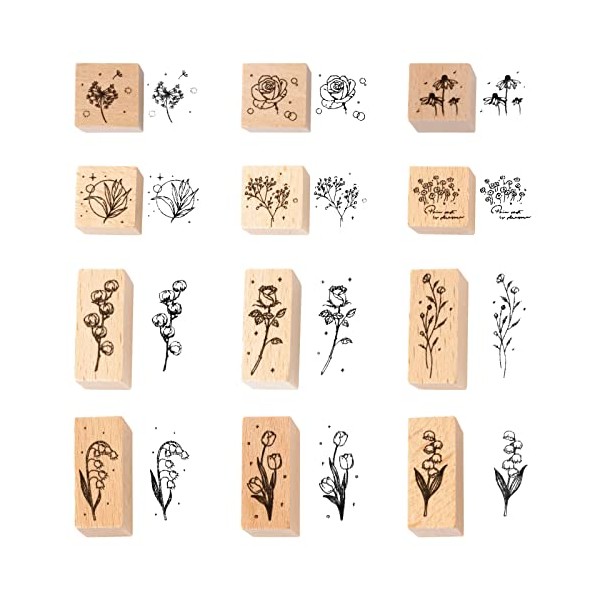 Wooden Plant Patterns Rubber Stamp - Vintage Flowers Silicone Decor Stamps for DIY Craft Card Scrapbooking Supplies Photo Album, Hand Book, Planner, Scrapbooking, 12Pcs