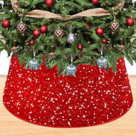OMKSIH Christmas Red Tree Collar 28.8 Inches Sparkle Sequin Christmas Tree Ring Base Velvet Fabric Tree Collar Classic Christmas Tree Stand Cover Decorative Xmas Tree Box Mat for Family Reunion Decor