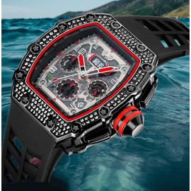 FANMIS Mens Bling Punk Diamond Chronograph Watches Fashion Style Silicone Band Sports Wrist Watch (Black Black)