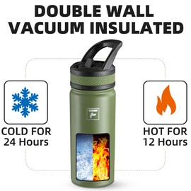 Fanhaw 18 Oz Kids Insulated Water Bottle with Straw Lid – Stainless Steel Double Wall Vacuum, Leak-Proof, BPA-Free Water Bottles for School Boys & Girls(Olive Green)