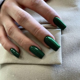 Dark Green Press On Nails Medium Long Square Emerald Coffin Acrylic Press Ons Glue On Medium Length Solid Color Fake Nails for Women, Thick Artificial Stick On
