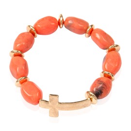 RIAH FASHION Cross Metallic Bar Beaded Stretch Bracelet - Religious Christian Strand Natural Stone, Semi-Precious Prayer Cuff Bangle (Pebble Bead Cross Bracelet - Coral)