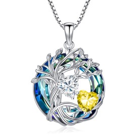 Diamond and Citrine Necklace s925 Sterling Silver Tree of Life April and November Birthstone Pendant Necklace with Austrian Crystal Jewelry Christmas Valentine Mothers Day Birthday Gifts for Women Her Girlfriend Wife Sister Mom