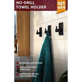 Coalinker Self Adhesive Hooks 4 Pack - Stick on Wall Adhesive Hanger Holder - Self Adhesive Hooks for Kitchen Bathroom Home Door Towel Coat Key Robe Black